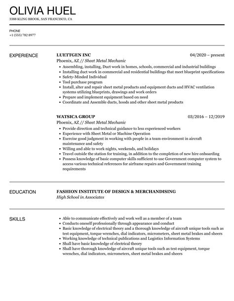 sheet metal mechanic resume sample|10 Sheet Metal Mechanic Resume Examples For .